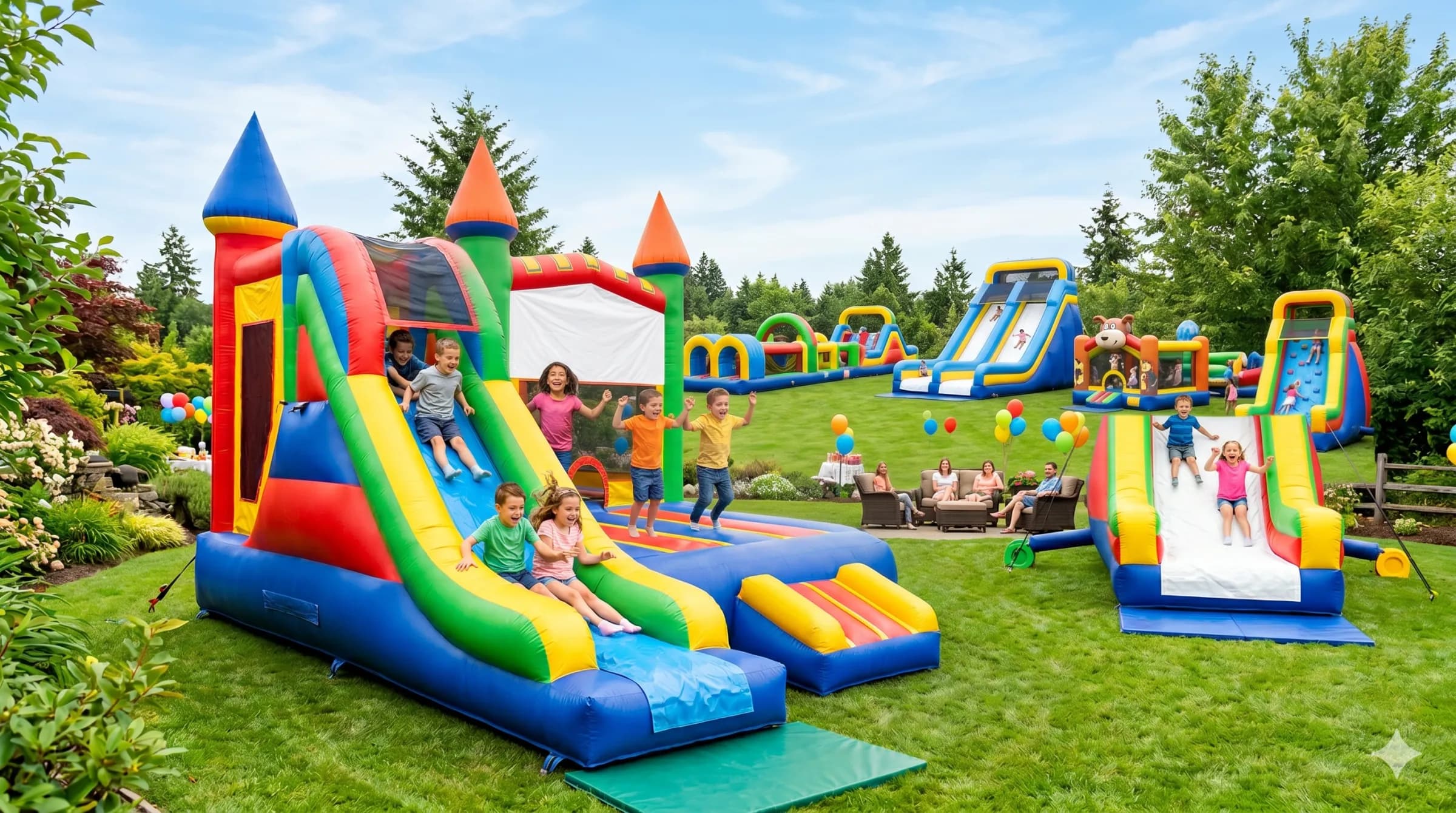 Kids enjoying bounce houses, slides, and obstacle courses at a backyard party